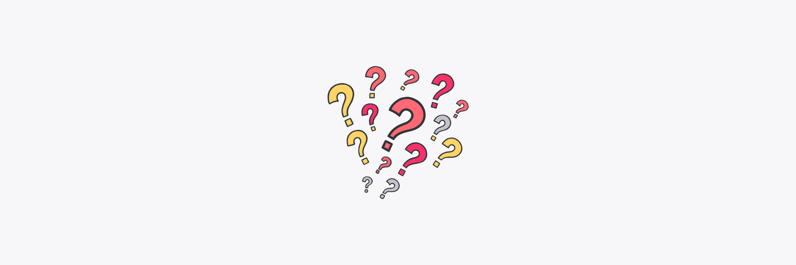 Illustration of a cluster of colorful question marks in red, yellow, and grey