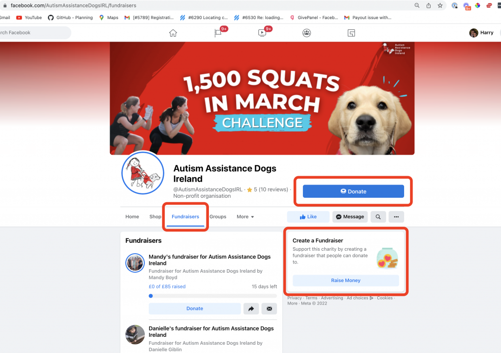 screenshot of a Facebook fundraiser, highlighting areas for list of fundraisers, Create a Fundraiser and Donate Button 