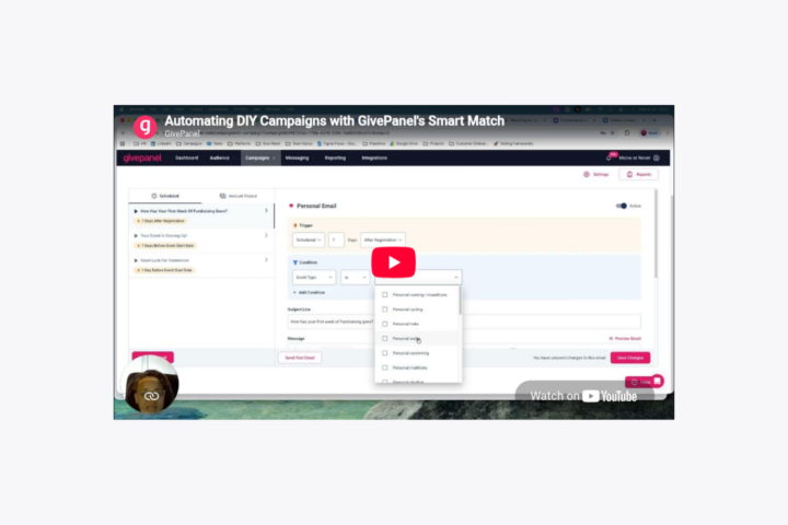A screenshot of a YouTube video about GivePanel's DIY solution, specifically Smart Match