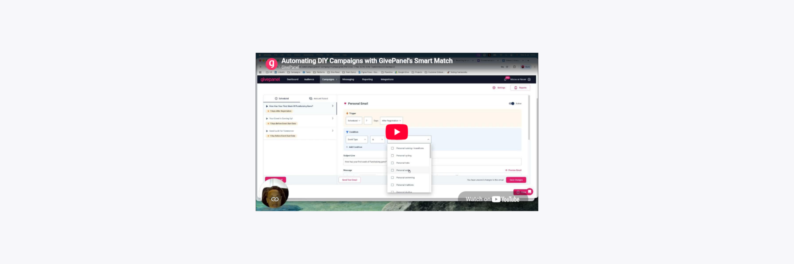 A screenshot of a YouTube video about GivePanel's DIY solution, specifically Smart Match