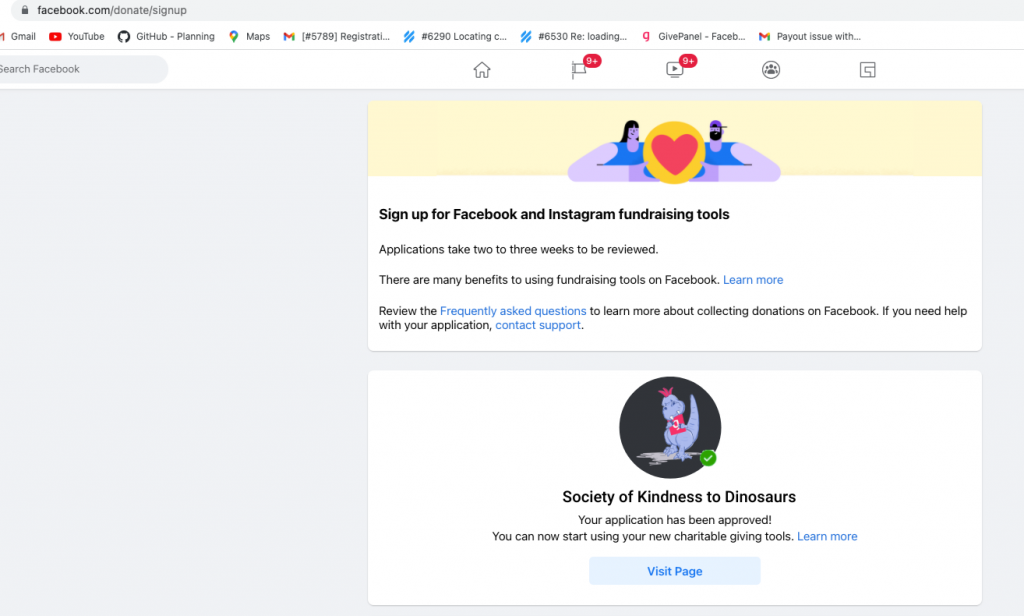 Screenshot of the application window of Facebook Fundraising Tools showing that your nonprofit has been accepted