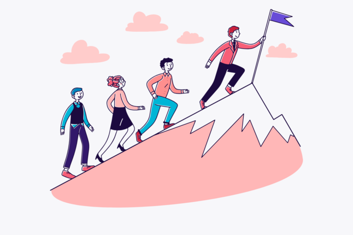 Illustration of four people climbing a mountain, with the leader planting a flag at the summit