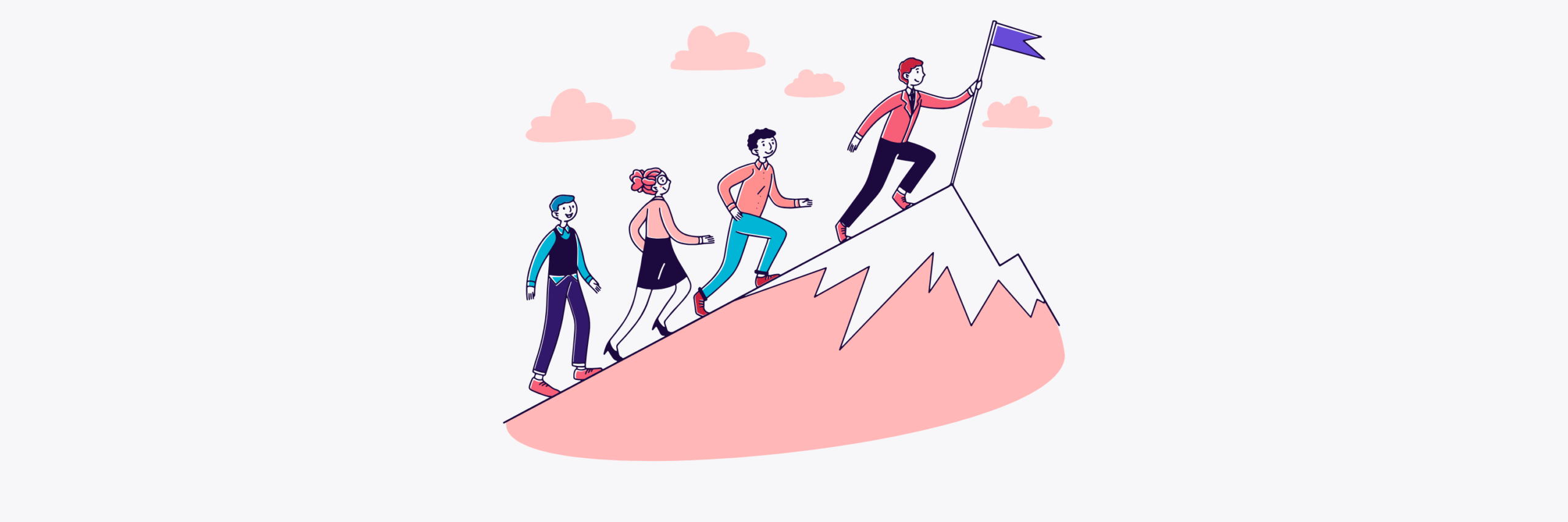 Illustration of four people climbing a mountain, with the leader planting a flag at the summit