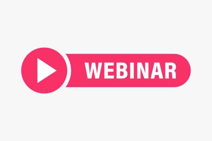 Pink "WEBINAR" button graphic with a play icon